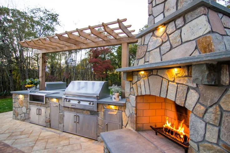 outdoor kitchen with fireplace setup