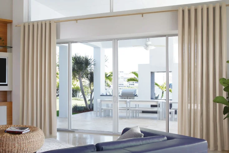 Living room sliding doors with curtains