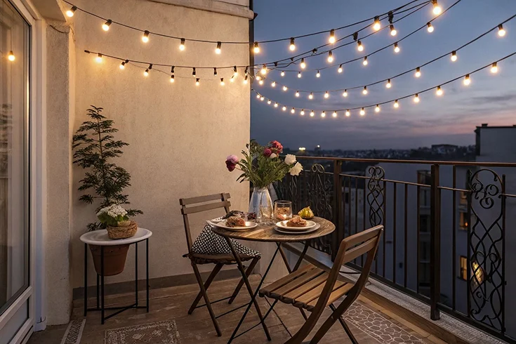 cozy balcony string lights