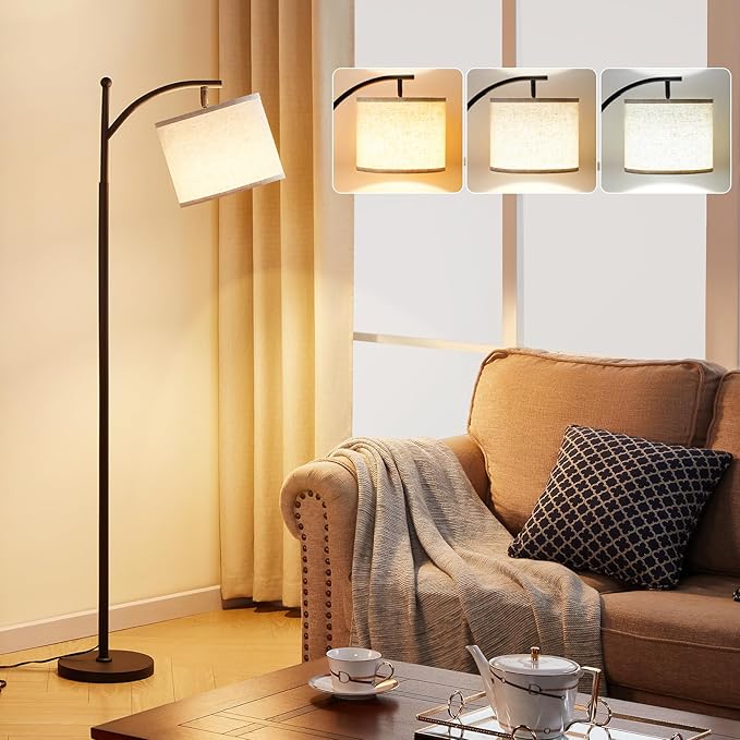 Ambimall Floor Lamp with 3-Color LED Bulb & Adjustable Linen Shade 